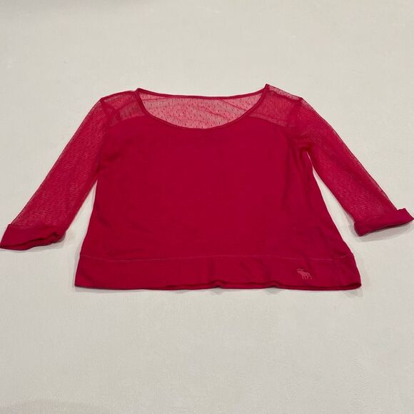 Abercrombie Kids Red Mesh Sleeve Top L | Girls Long Sleeve Sheer Detail Shirt - Picture 1 of 5